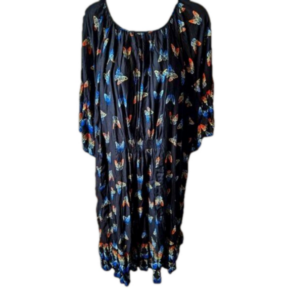 #214 EVANS multicolored butterflies on black Crinkle High-low Dress - Picture 4 of 9